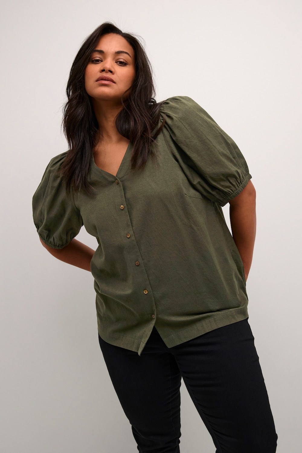 Große Größen Kurzarm-Bluse Regular fit, Damen, grün, Größe: 50, Baumwolle/Leinen, Happy Size DE Women von KAFFE Curve