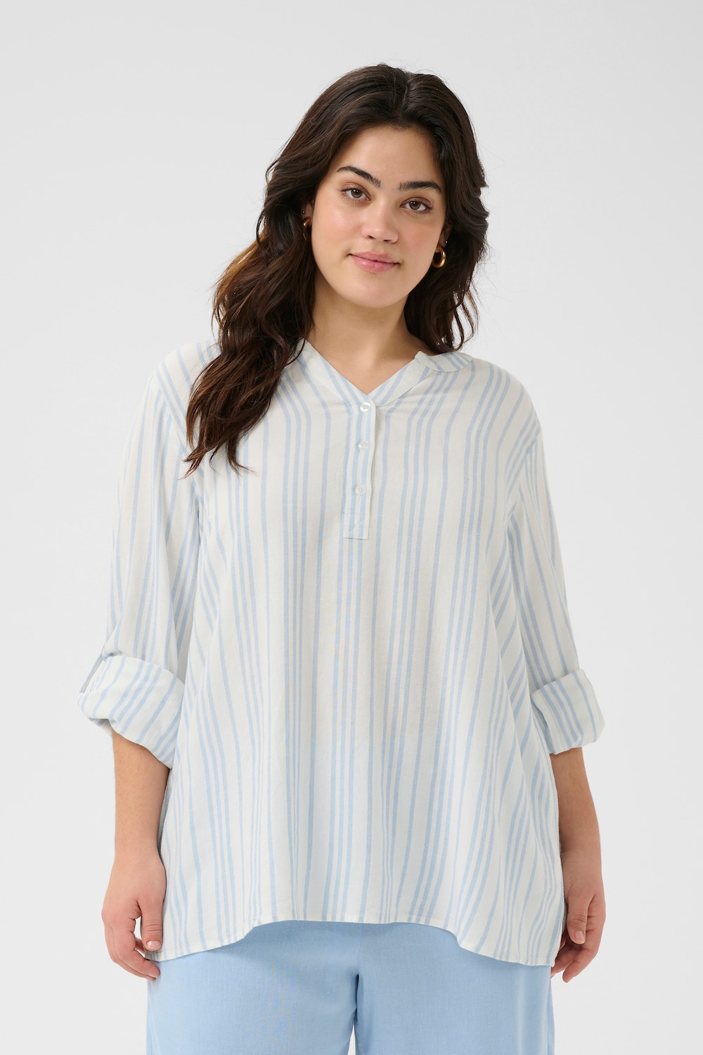 Große Größen Langarm-Bluse Loose fit, Damen, blau, Größe: 46, Viskose/Leinen, Happy Size DE Women von KAFFE Curve