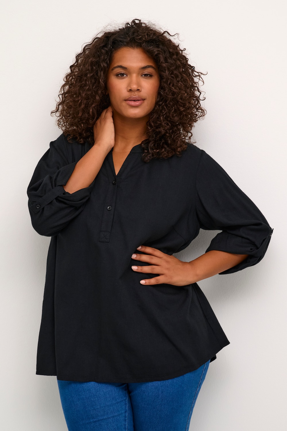 Große Größen Langarm-Bluse Loose fit, Damen, schwarz, Größe: 46, Viskose/Leinen, Happy Size DE Women von KAFFE Curve