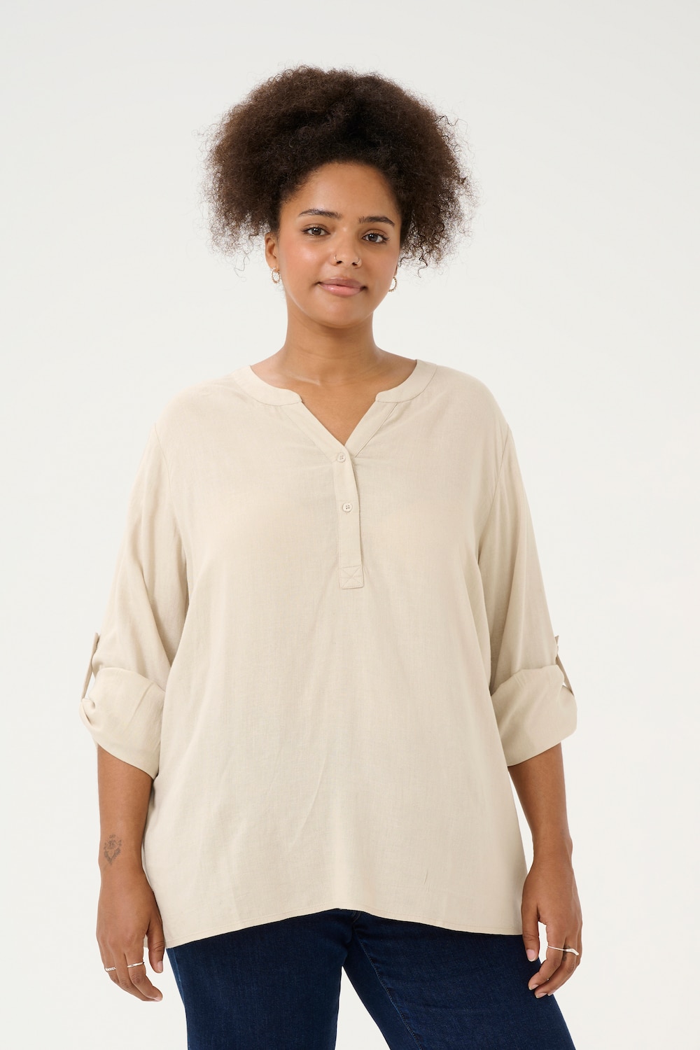 Große Größen Langarm-Bluse Loose fit, Damen, beige, Größe: 46, Viskose/Leinen, Happy Size DE Women Große Größen Langarm-Bluse Loose fit, Damen, beige, Größe: 46, Viskose/Leinen, Happy Size DE Women von KAFFE Curve