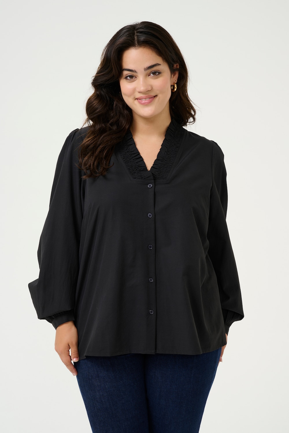 Große Größen Langarm-Bluse Regular fit, Damen, schwarz, Größe: 44, Polyester/Baumwolle, Happy Size DE Women Große Größen Langarm-Bluse Regular fit, Damen, schwarz, Größe: 44, Polyester/Baumwolle, Happy Size DE Women von KAFFE Curve