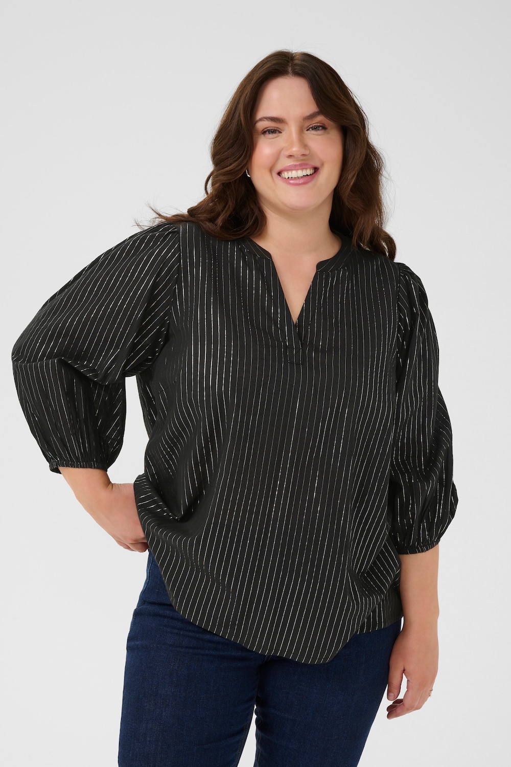 Große Größen Langarm-Bluse Regular fit, Damen, schwarz, Größe: 50, Baumwolle, Happy Size DE Women Große Größen Langarm-Bluse Regular fit, Damen, schwarz, Größe: 50, Baumwolle, Happy Size DE Women von KAFFE Curve