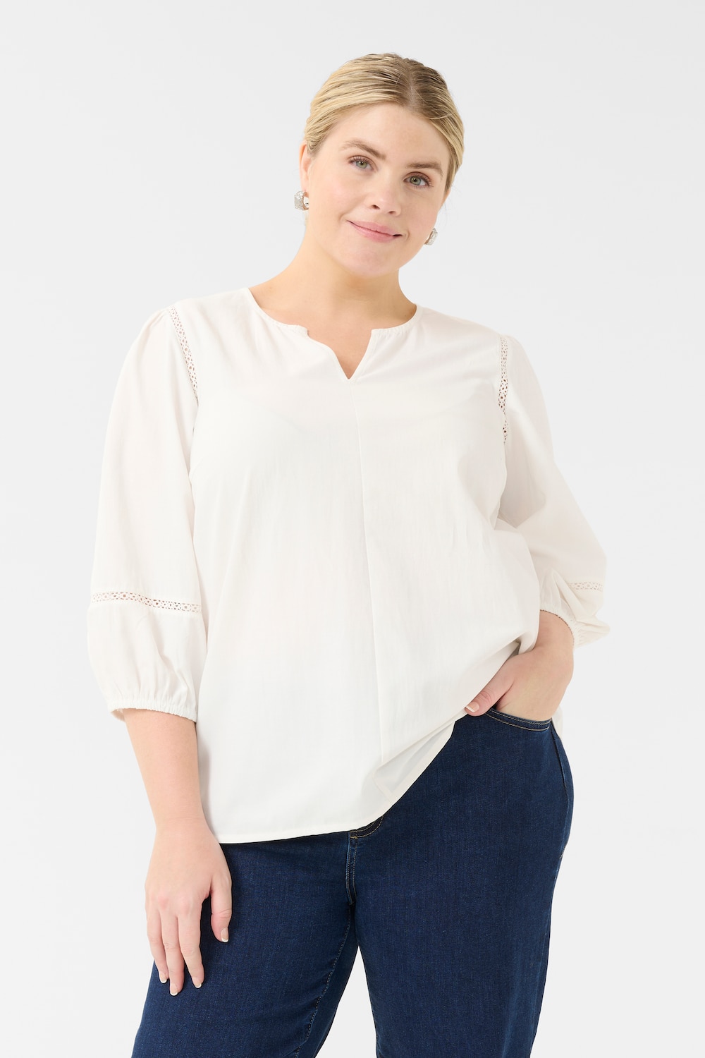 Große Größen Langarm-Bluse Regular fit, Damen, weiß, Größe: 44, Polyester/Baumwolle, Happy Size DE Women von KAFFE Curve