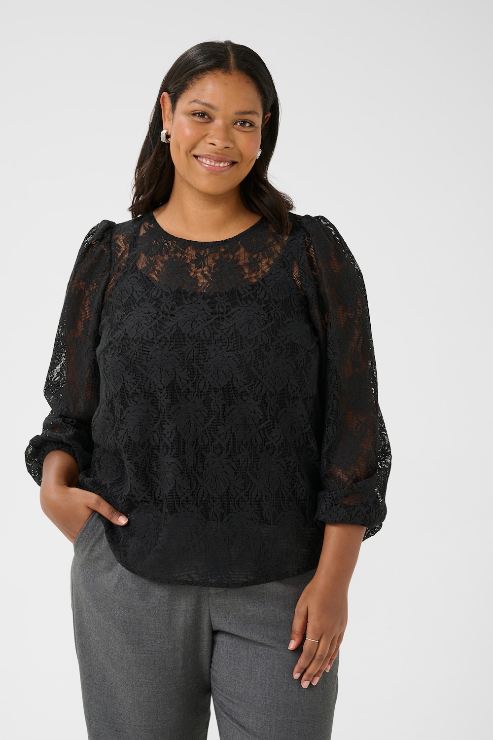 Große Größen Langarm - Hemd Regular fit, Damen, schwarz, Größe: 50, Polyester/Baumwolle, Happy Size DE Women von KAFFE Curve