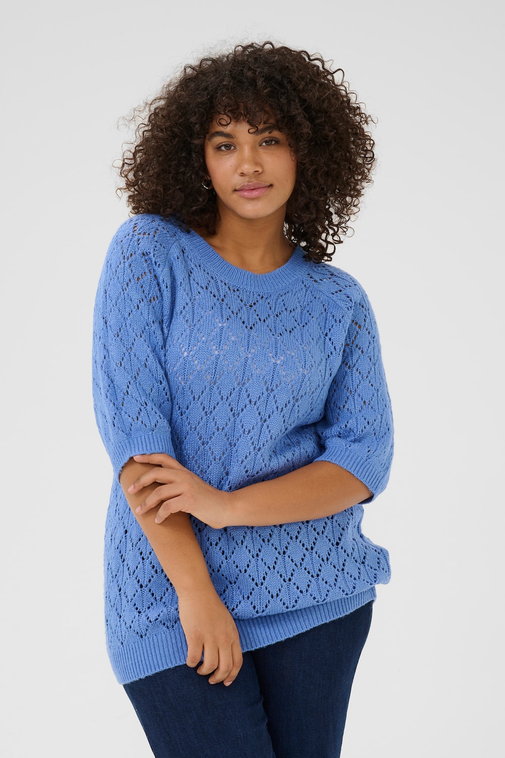 Große Größen Strickpullover Loose fit, Damen, blau, Größe: XXL, Baumwolle/Synthetische Fasern, Happy Size DE Women von KAFFE Curve