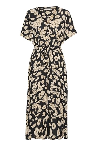 KAFFE Damen Maxikleid mit V-Ausschnitt, Buttons Belted Short Sleeves Regular Fit Kleid, Schwarz/Sand Leo Print, 44 KAFFE Damen Maxikleid mit V-Ausschnitt, Buttons Belted Short Sleeves Regular Fit Kleid, Schwarz/Sand Leo Print, 44 von KAFFE