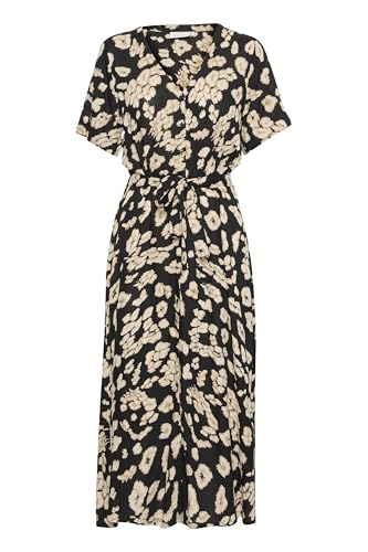 KAFFE Damen Maxikleid mit V-Ausschnitt, Buttons Belted Short Sleeves Regular Fit Kleid, Schwarz/Sand Leo Print, 44 von KAFFE