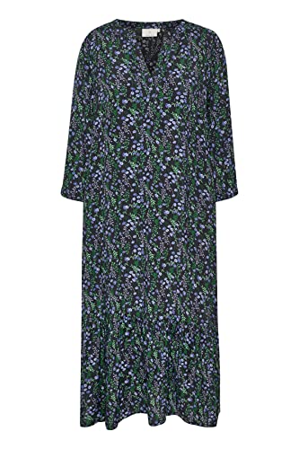 KAFFE Damen Print Dress 3/4 Arm Below The Knee Lässiges Kleid, Schwarz/Blau/Grün. Kleine Blume, 42 von KAFFE