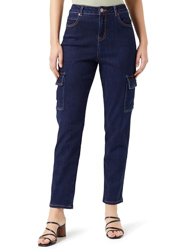KAFFE Damen Women's Jeans Cropped Length Cargo Pockets Slim Fit High-Waisted Denim Jeans, Dark Blue Denim, von KAFFE