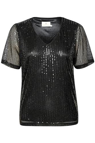 KAFFE KAbolette Blouse V-Neck Damen Pailletten Bluse Kurzarm Party Shirt Festliche Cocktail Oberteil Elegant Glitzer Black Deep XL von KAFFE