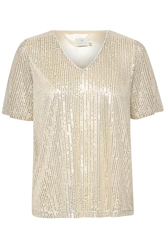 KAFFE KAbolette Blouse V-Neck Damen Pailletten Bluse Kurzarm Party Shirt Festliche Cocktail Oberteil Elegant Glitzer Sand Dollar/Silver Sequins XL von KAFFE