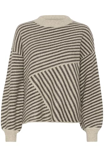 KAFFE KAverana Knit Pullover Damen Strickpullover Rundhals Pullover Winter Sweater Grobstrick Sweatshirt Elegant Oberteile Pulli Feather Gray Mel./ Brown Mel. S von KAFFE