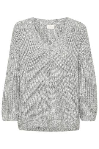KAFFE KAvinda Knit Pullover Damen Strickpullover Langarm V-Ausschnitt Pulli Warm Pullover Grey Silver metallic XS von KAFFE