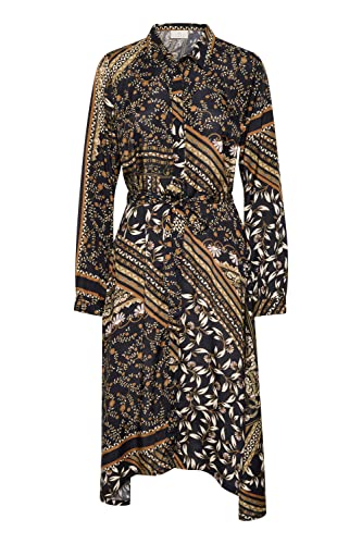 KAFFE Kleid KAfine Damen Kleid Stehkragen Langarm Knopfleiste Knielang Freizeitkleid 34, Black/Brown Scarf Print von KAFFE
