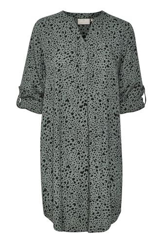 KAFFE Kleid KAmarana Damen Kleid Shirt Print Lang Arm V-Ausschnitt Knopf Shirtkleid 44, Balsam Green/Black Leo 44 von KAFFE
