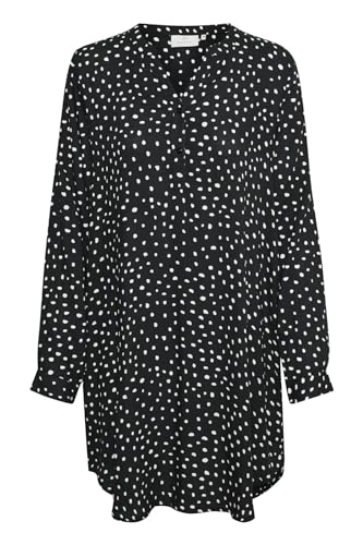 KAFFE Kleid KAmarana Damen Kleid Shirt Print Lang Arm V-Ausschnitt Knopf Shirtkleid 36, Black/Chalk Dots 36 von KAFFE