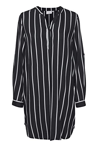KAFFE Kleid KAmarana Damen Kleid Shirt Print Lang Arm V-Ausschnitt Knopf Shirtkleid 40, Black/Chalk Stripe 40 von KAFFE