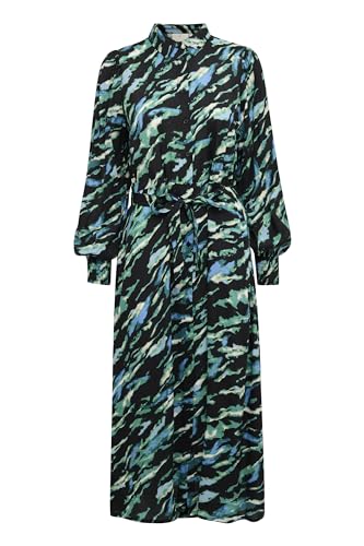 KAFFE Kleid KApollie Damen Kleid Langarm Print Knopfleiste Stoff Gürtel Freizeitkleid Black/Blue/Green Abstr. Animal 44 von KAFFE