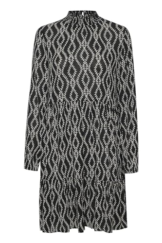 KAFFE Kleid KArikka Damen Kleid Langarm Print Falten Faltenkleid Midikleid 46, Black/Chalk Print 46 von KAFFE