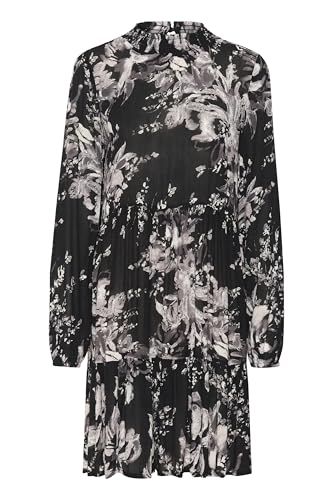 KAFFE Kleid KArikka Damen Kleid Langarm Print Falten Faltenkleid Midikleid 44, Black/White Painted Flower 44 von KAFFE