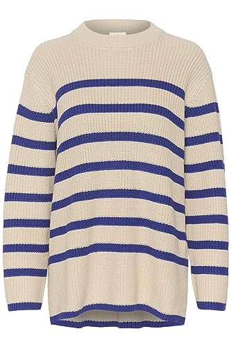 KAFFE Strickpullover KAcilla Damen Strickpullover Langarm Striefen Pullover Gestreift Rundhals Sand Dollar/ClamtisBlue Stripe XL von KAFFE