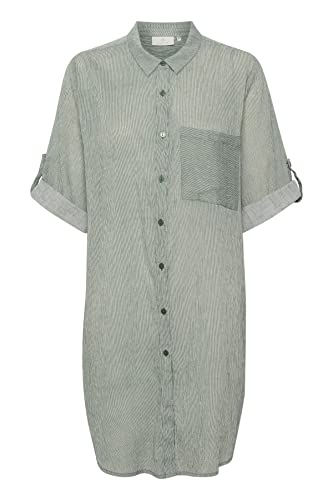 Kaffe Damen Kaffe Women's Shirt Dress 3/4 Sleeve Tunic Casual Long Tunika-Shirt, Balsam Green / Chalk Stripe, 36 von KAFFE