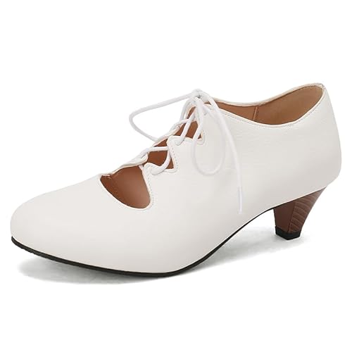 KAGAA Runde Zehe Schnürschuh Spike Stiletto Absatz mit Mittelabsatz 5 cm handgefertigte Pumps für Damen ka37-5ss, Weiss/opulenter Garten, 46.5 EU von KAGAA