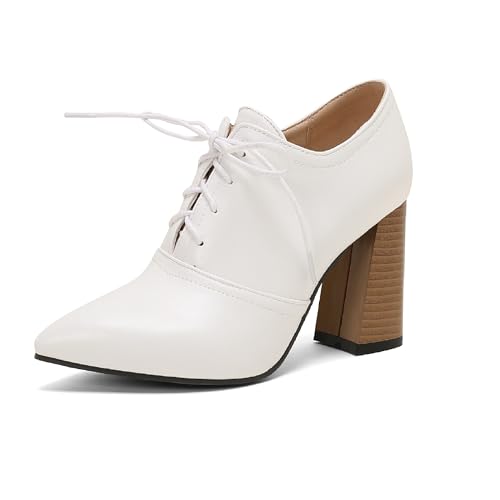 KAGAA Synthetische Spitze Spitze Schnürer Blockabsatz mit hohem Absatz 8 cm handgefertigte Pumps für Damen Große Größe k2414ss, Weiss/opulenter Garten, 47 EU von KAGAA