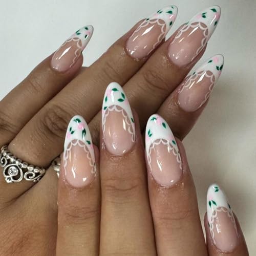 24-teiliges glänzendes Acryl-Nägel-Set, zum Aufdrücken von Nägeln mit Spitze und Blumen-Design, französischer Stil, für modische Frauen und Mädchen, künstliche Nägel von KAHDGSS