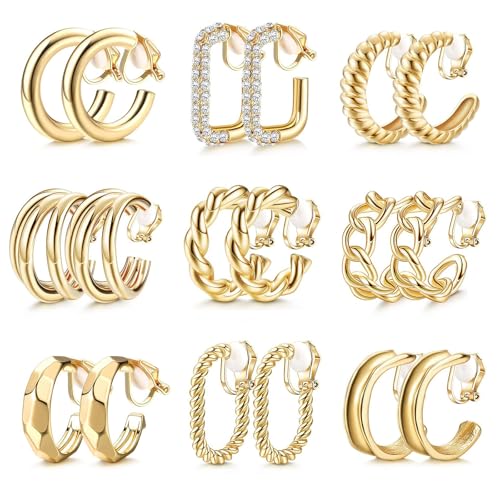 9pairs Event Fangen Goldene Plattierte Clip Auf Ohrringen Dumpy Hoop Designs Ohrzubehör Für Frauen Ohne Durchbohrtes Ohrschmuck von KAHDGSS