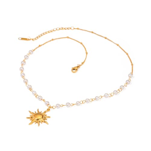 Elegante Stilvolle Perlenkette Sonnenheilmittel Halskette In 18 Karat Gold Plattiert Rostfreie Edelstahlmaterialien Täglich Edelstahl Halskette von KAHDGSS