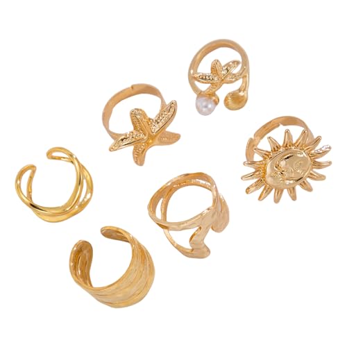 KAHDGSS 6pcs Set Kreative Unregelmäßige Sonnenblumen Sternenfische Offene Ringe Für Frauen Und Männer Verstellbare Goth Goldfarbe Fingerschmuck Frauen Accessoires von KAHDGSS
