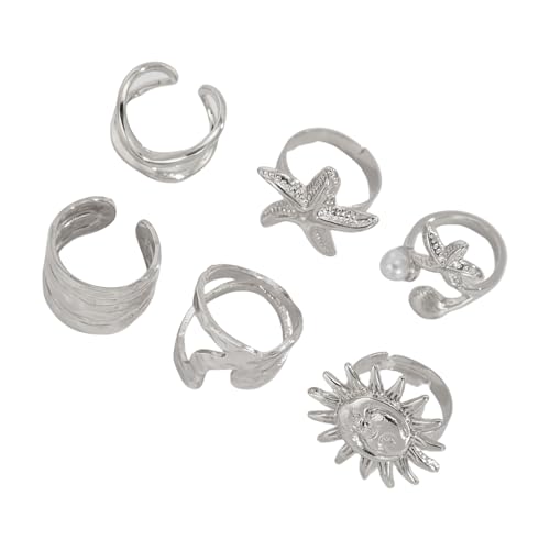 KAHDGSS 6pcs Set Kreative Unregelmäßige Sonnenblumen Sternenfische Offene Ringe Für Frauen Und Männer Verstellbare Goth Goldfarbe Fingerschmuck Frauen Accessoires von KAHDGSS
