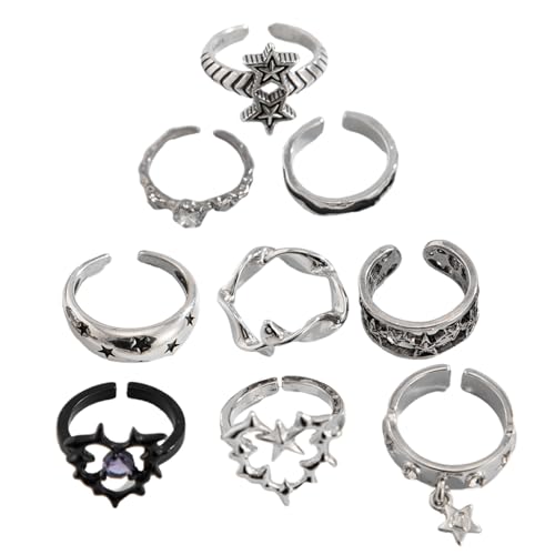 KAHDGSS 9 Stück Vintage Styles Dornenringe Für Männer Frauen Gothic Silber Set Mit Einzigartigen Schlangenherzschädel Und Blumendesigns Gothic Rings von KAHDGSS