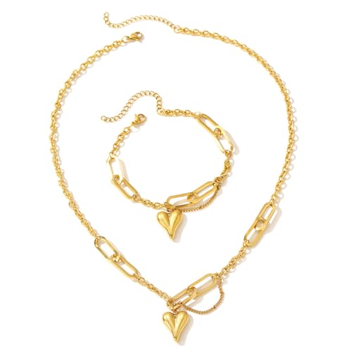 KAHDGSS Edelstahl Halskette Eleganter Nackenschmuck Stilvolle Herz Anheitige Halskette Und Armband Set Für Frauen Und Mädchen Edelstahl von KAHDGSS