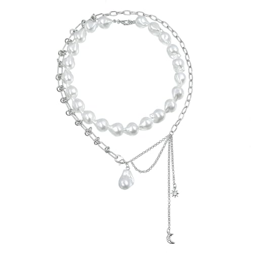 KAHDGSS Einzigartige Mehrschicht Imitation Perlen Perlen Ketten Halskette Star Und Mond Charme Heckkette Für Frauen Halloween Schmuck Mode Schmuck Für Mädchen von KAHDGSS
