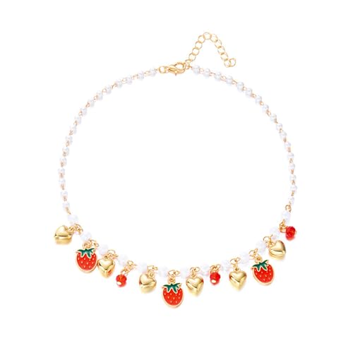 KAHDGSS Elegante Erdbeerkirschen Herz Halskette Leichtes Design Natürlicher Margarit Und Verstellbare Kette Für Frauen Süße Kirsch Erdbeer Margarite Heart Halskette von KAHDGSS
