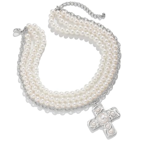 KAHDGSS Elegante Kruzifix Anhänger Halskette Mit Kunstperlen Einstellbare Länge Schlüsselbeinkette Trendy Accessoires Für Frauen Trendy Accessoires Für Frauen von KAHDGSS