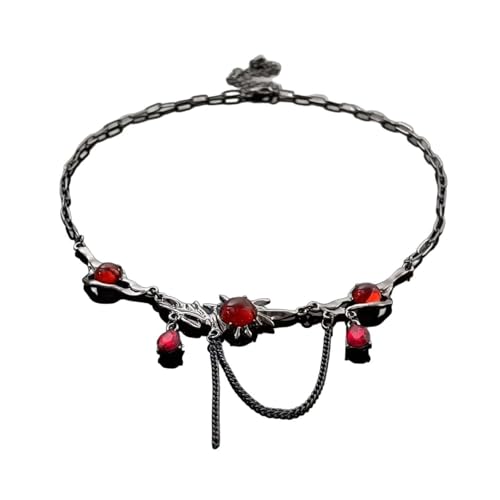 KAHDGSS Gothic-Stil, dunkelrote Zirkonia-Halskette mit schwarzen Quasten, trendige Schlüsselbeinkette, einzigartige Halskette, Modeschmuck, Mode-Statement-Halskette von KAHDGSS