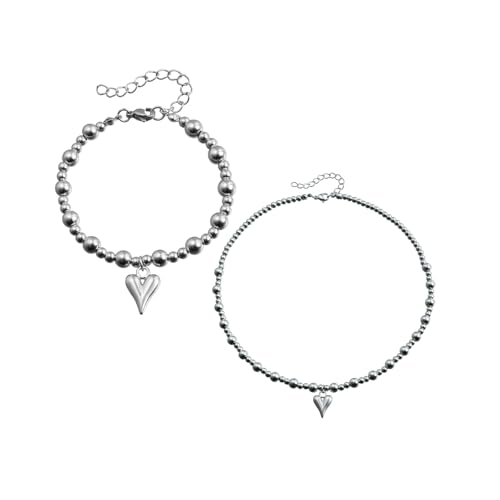 KAHDGSS Handgefertigter Perlenherzherzhalskette Und Armband Set Verstellbare Länge Accessoires Stylischer Schmuck Für Frauen Mädchen Größe Armband von KAHDGSS