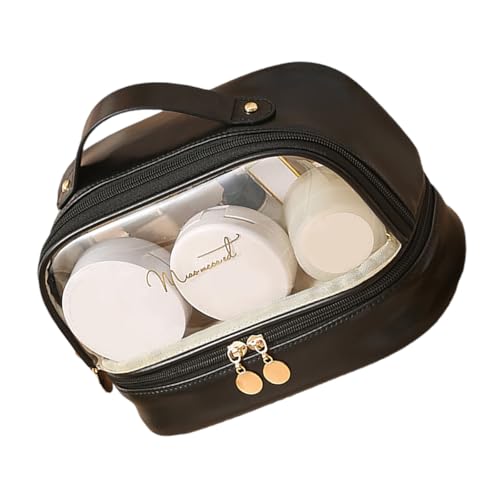 KAHDGSS Make Up Bag Leder Doppelschicht Make Up Organisatoren Bag Reisen Essentielles Kosmetikbeutel Hülle Wasserdichte Toilitätsgeschenke Klarer Organizer von KAHDGSS