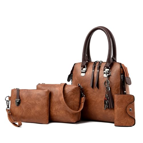 KAHDGSS Mehrzweck 4 In 1 Damen Umhängetasche Mit Reißverschluss Und Quasten Charme PU Leder Top Handtasche Set Wallet Geldbörse Crossbody Tasche von KAHDGSS