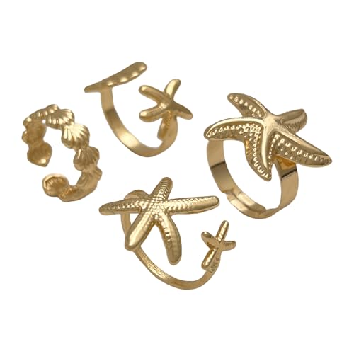 KAHDGSS Packung Von 4 Strandwarenschmuck Verstellbare Geometrische Ringe Für Frauen Gold & Silber Legierung Shell Accessoires Hot Day Collection Urlaub Schmuckset Set von KAHDGSS