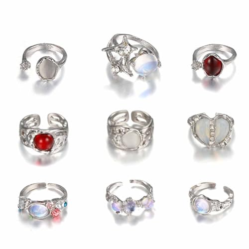KAHDGSS Stilvolle 9pcs Silberringe Set Mit Unregelmäßigen Mondsteinverstellbaren Kristall Störungen Fingerpartyzubehör Trendy Für Mädchen von KAHDGSS