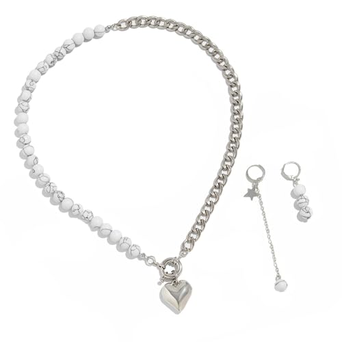 KAHDGSS Vintage Pearls Choker Ohrringe Und Halskette Mit Böhmischem Herzanhänger Und Kubanischer Kettenschmuck Für Frauen Girls Multilayer Kettenkette Mit Ohrringen von KAHDGSS