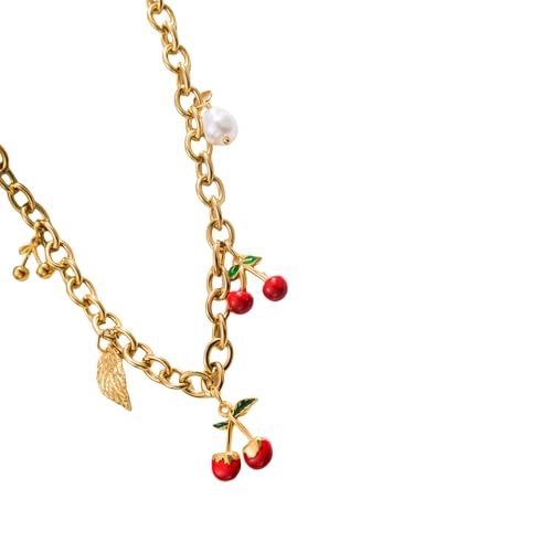 KAHDGSS Zögere Kirschen Erdbeer Anhänger Halskette Einstellbare Länge Stahlkette Einfache Stilvolle Frauen Schmuck Leichtkragenbeinkette von KAHDGSS