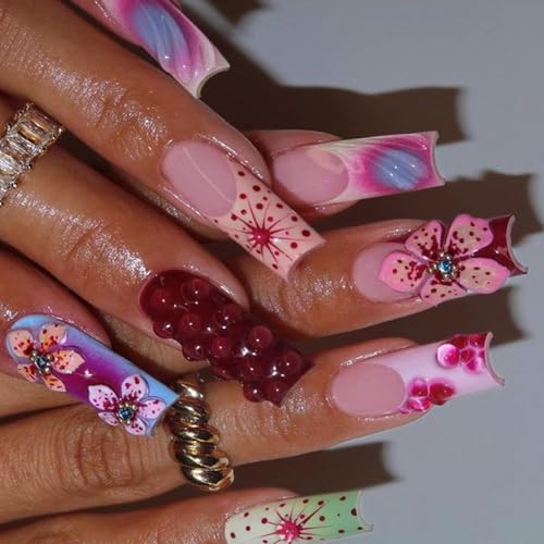 Künstliche Nägel zum Aufdrücken, quadratisch, Acryl, mit Blumenmuster, zum Aufkleben, für Damen und Mädchen, lange, quadratische Acryl-Nägel, 24 Stück Künstliche Nägel zum Aufdrücken, quadratisch, Acryl, mit Blumenmuster, zum Aufkleben, für Damen und Mädchen, lange, quadratische Acryl-Nägel, 24 Stück von KAHDGSS