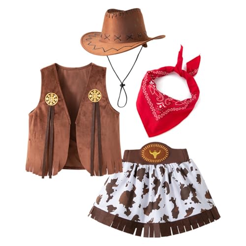 Mädchen Western Cowgirl Kostüm Set 4PCs Mit Westeschalhut Und Kurzer Rock Für Rollenspiele Auftritte Party Halloween Girls Cowgirl Weste Und Schalkostüm von KAHDGSS
