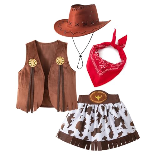 Mädchen Western Cowgirl Kostüm Set 4PCs Mit Westeschalhut Und Kurzer Rock Für Rollenspiele Auftritte Party Halloween Girls Cowgirl Weste Und Schalkostüm von KAHDGSS