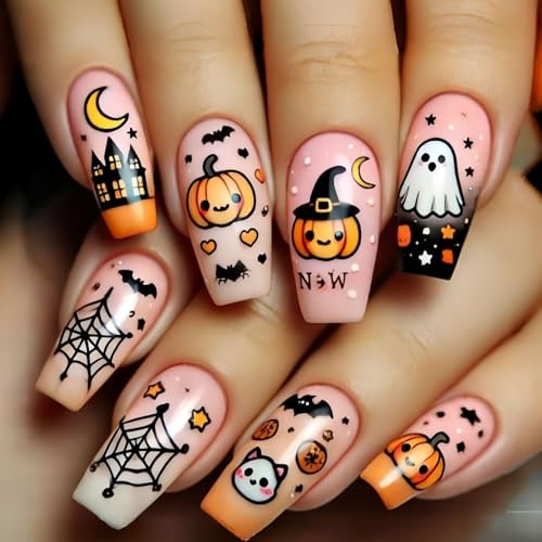 Wiederverwendbares Halloween False Länge Quadratische Form Kürbisspauerwebkunst ABS Press Auf Nägel Für Kostümpartys Nagel Falsche Dunkle Gotische Party von KAHDGSS